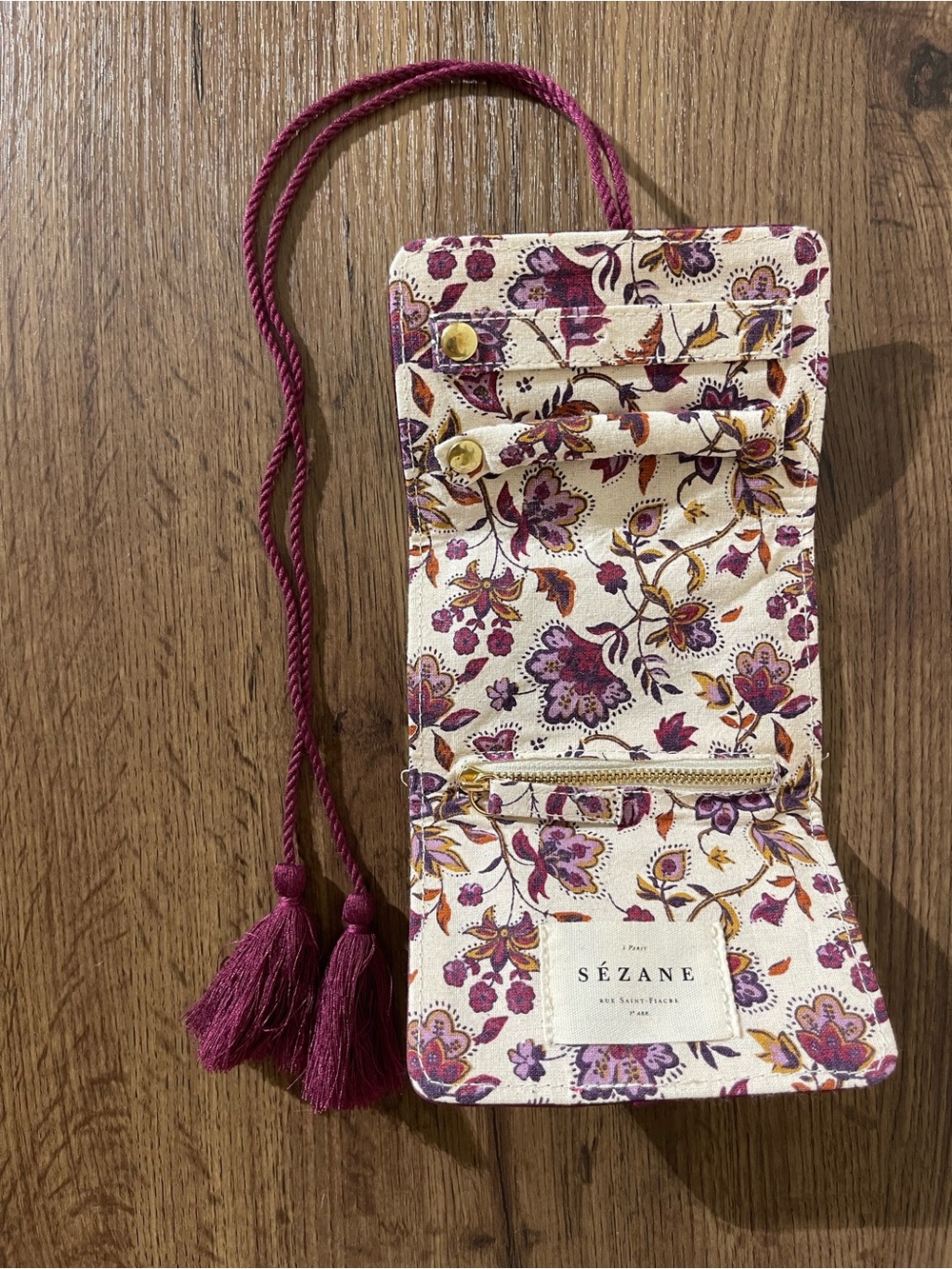 Sézane Cream Floral Crossbody Pouch with Plum Tassel Strap